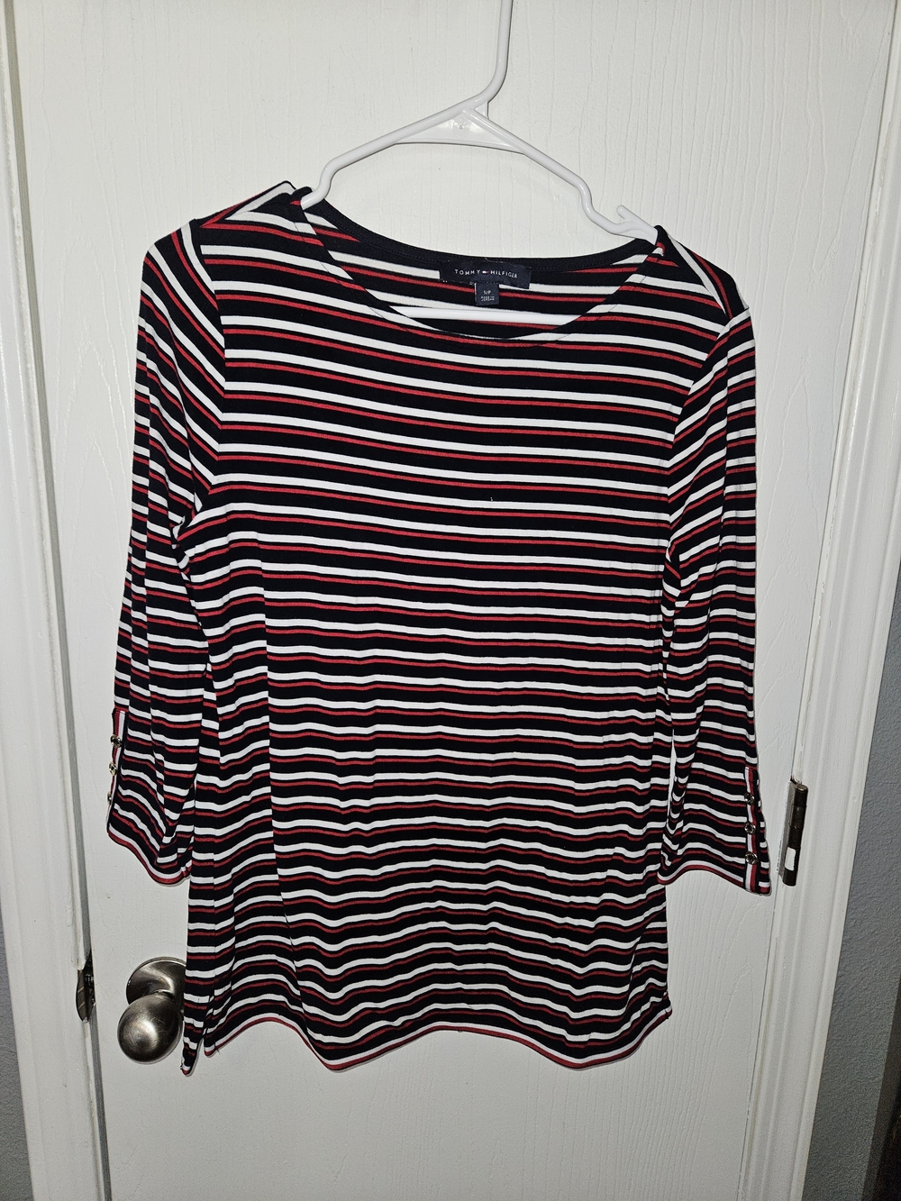 Tommy Hilfiger Black, White & Red Striped 3/4 Sleeves Shirt